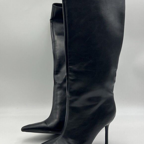 Zara Tall Black Leather Heeled Pointed Toe Boots - Picture 4 of 11
